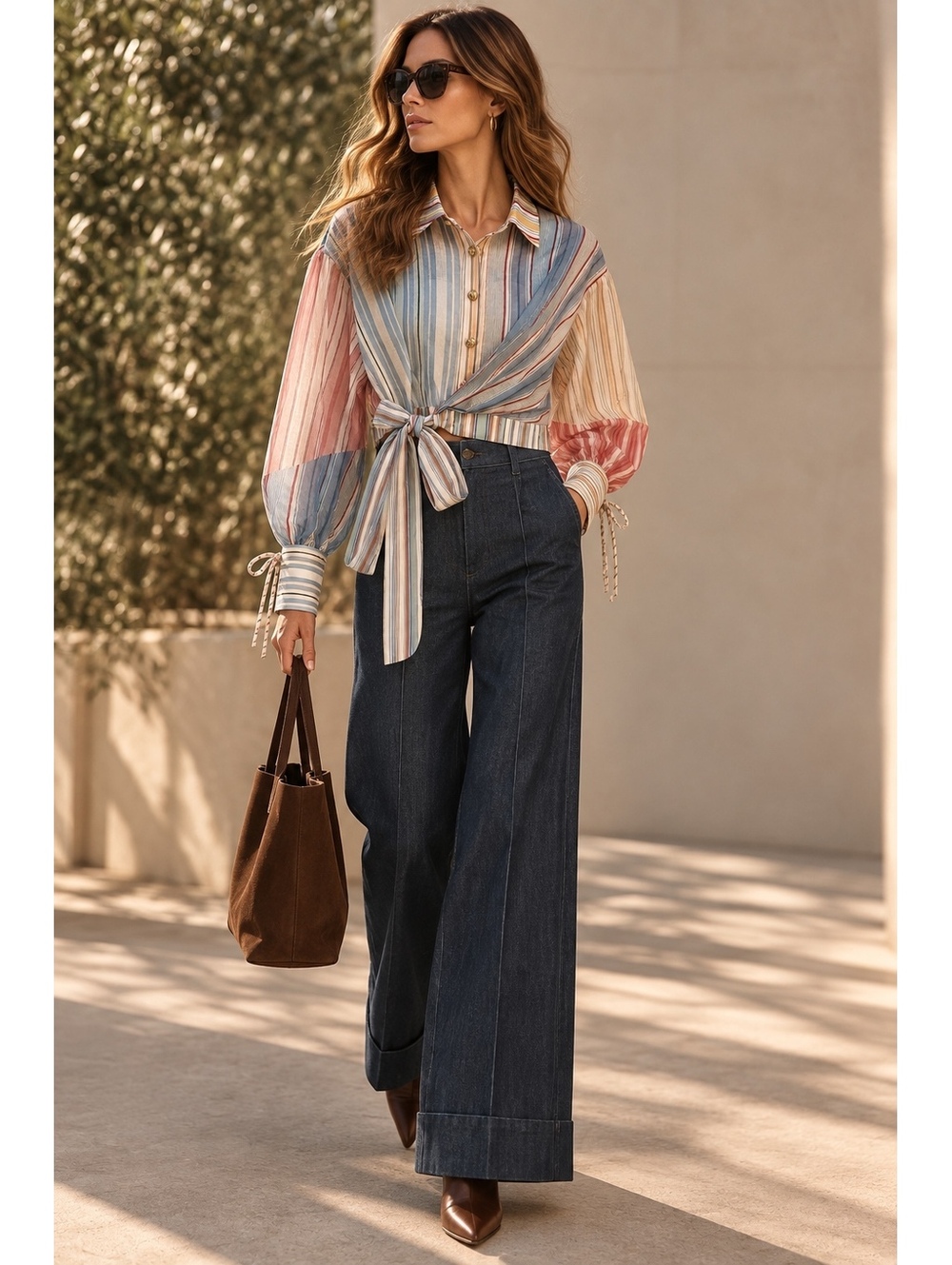 Commense Striped Button-Up Blouse with Tie Waist and Balloon Sleeves